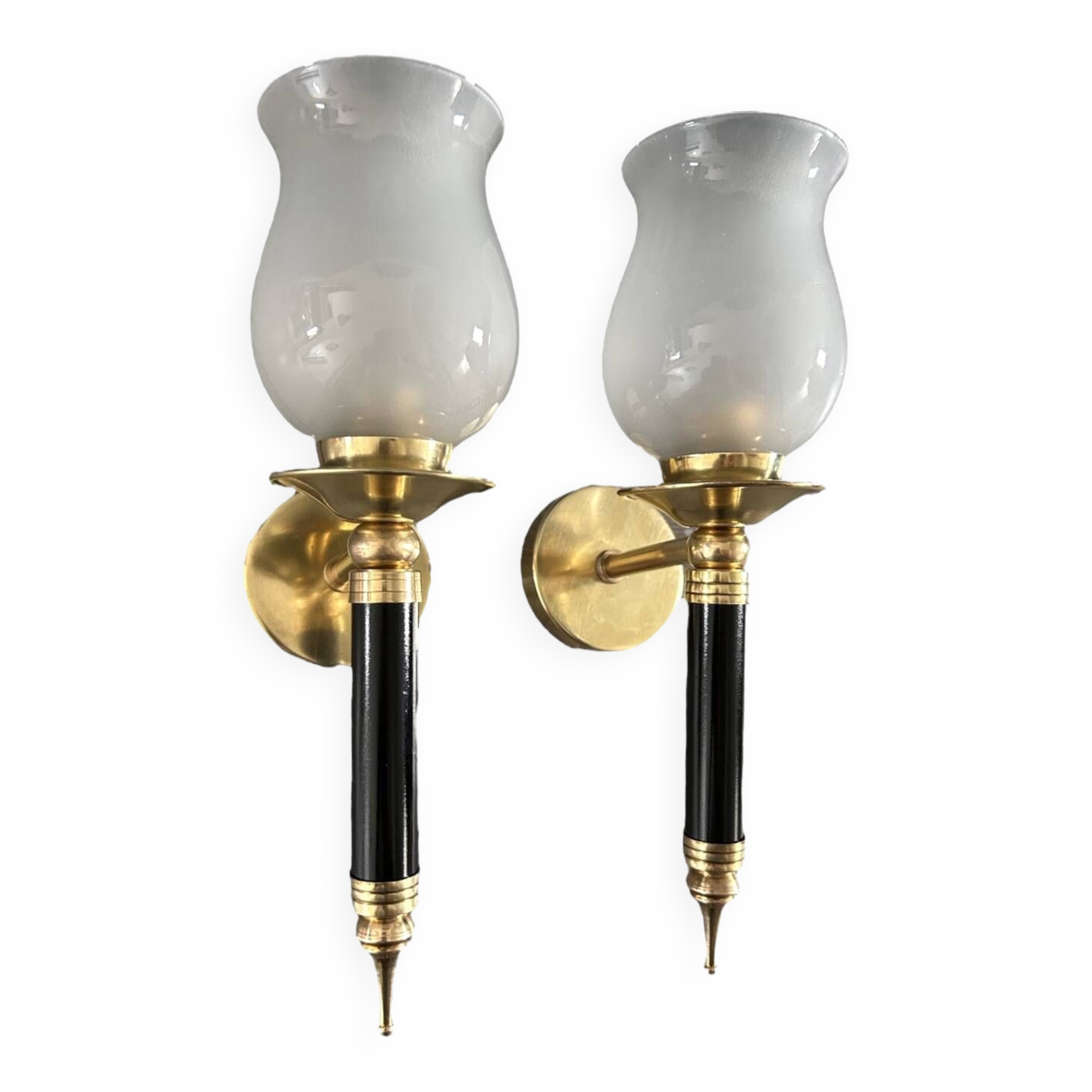 Pair of brass and black torchiere wall lights