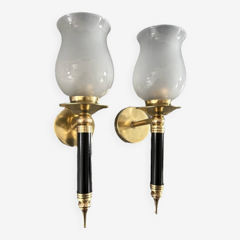 Pair of brass and black torchiere wall lights