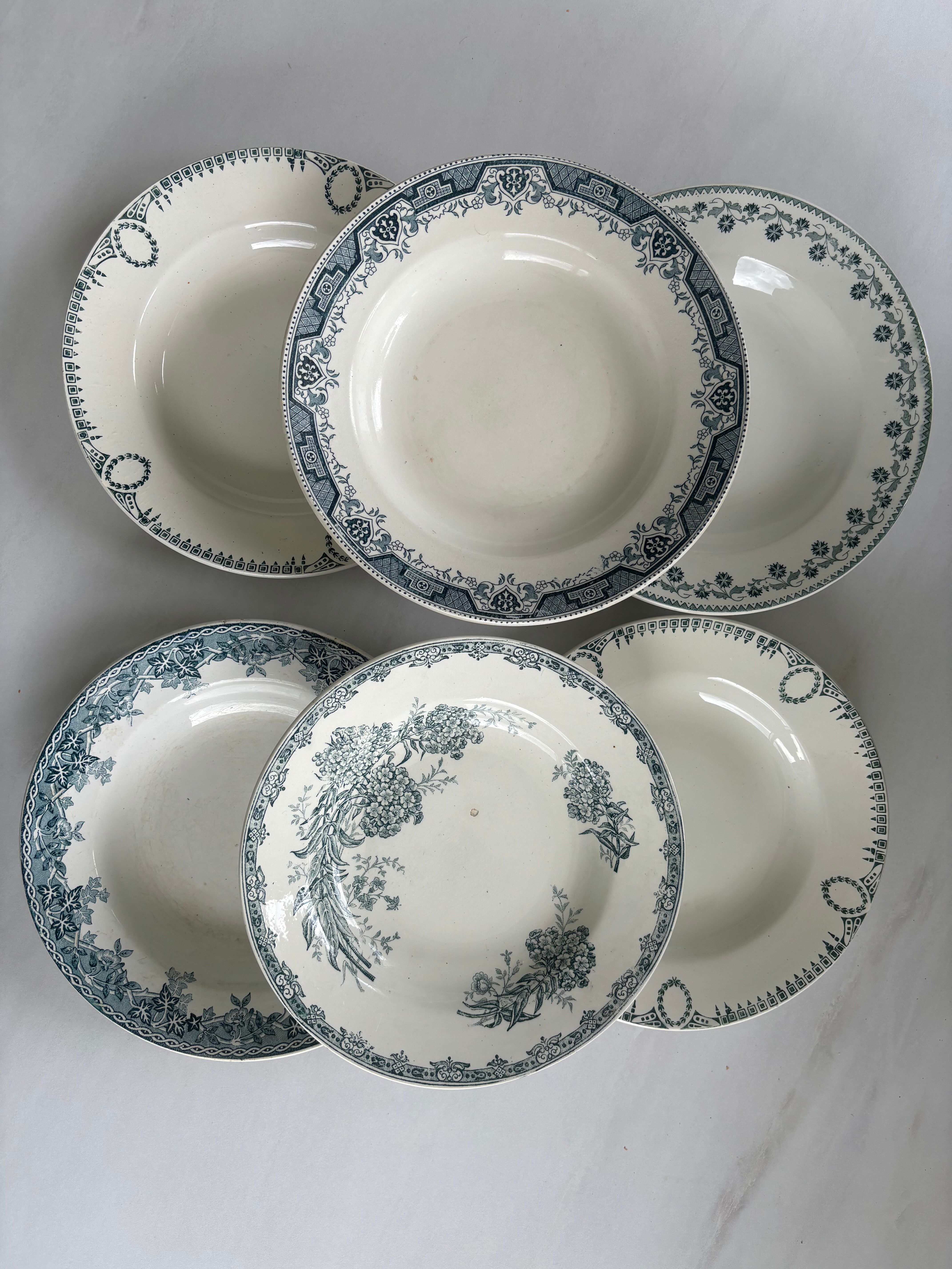 Set of 6 blue ironstone deep plates, antique French earthenware.