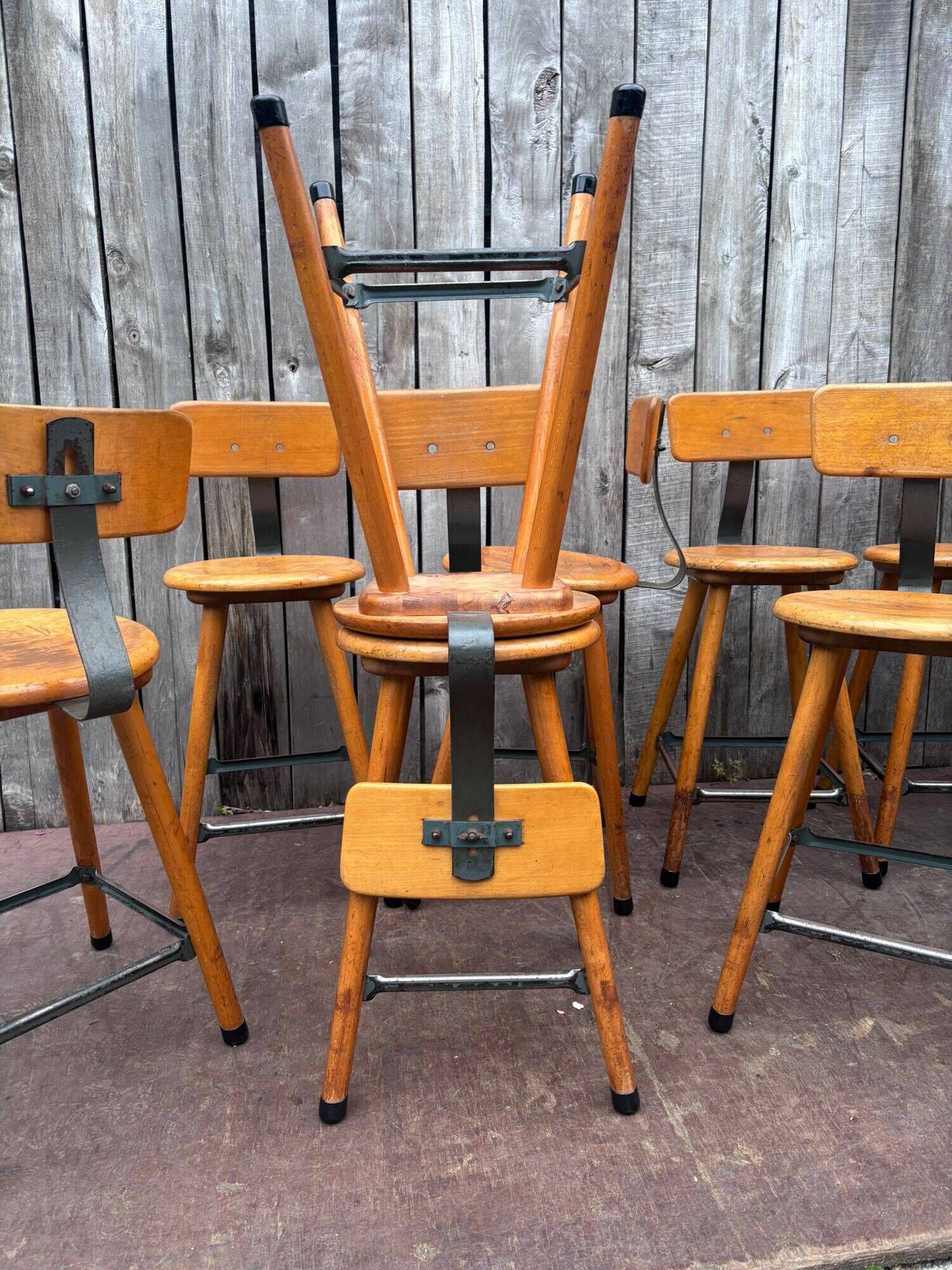 Vintage industrial workshop stool in wood, 1950s