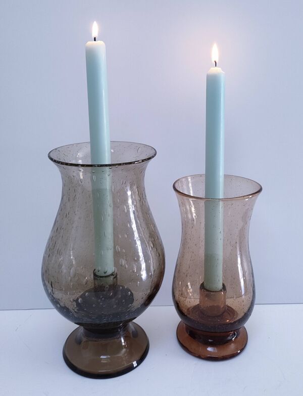 deux bougeoirs photophores verre bullé soufflé bouche