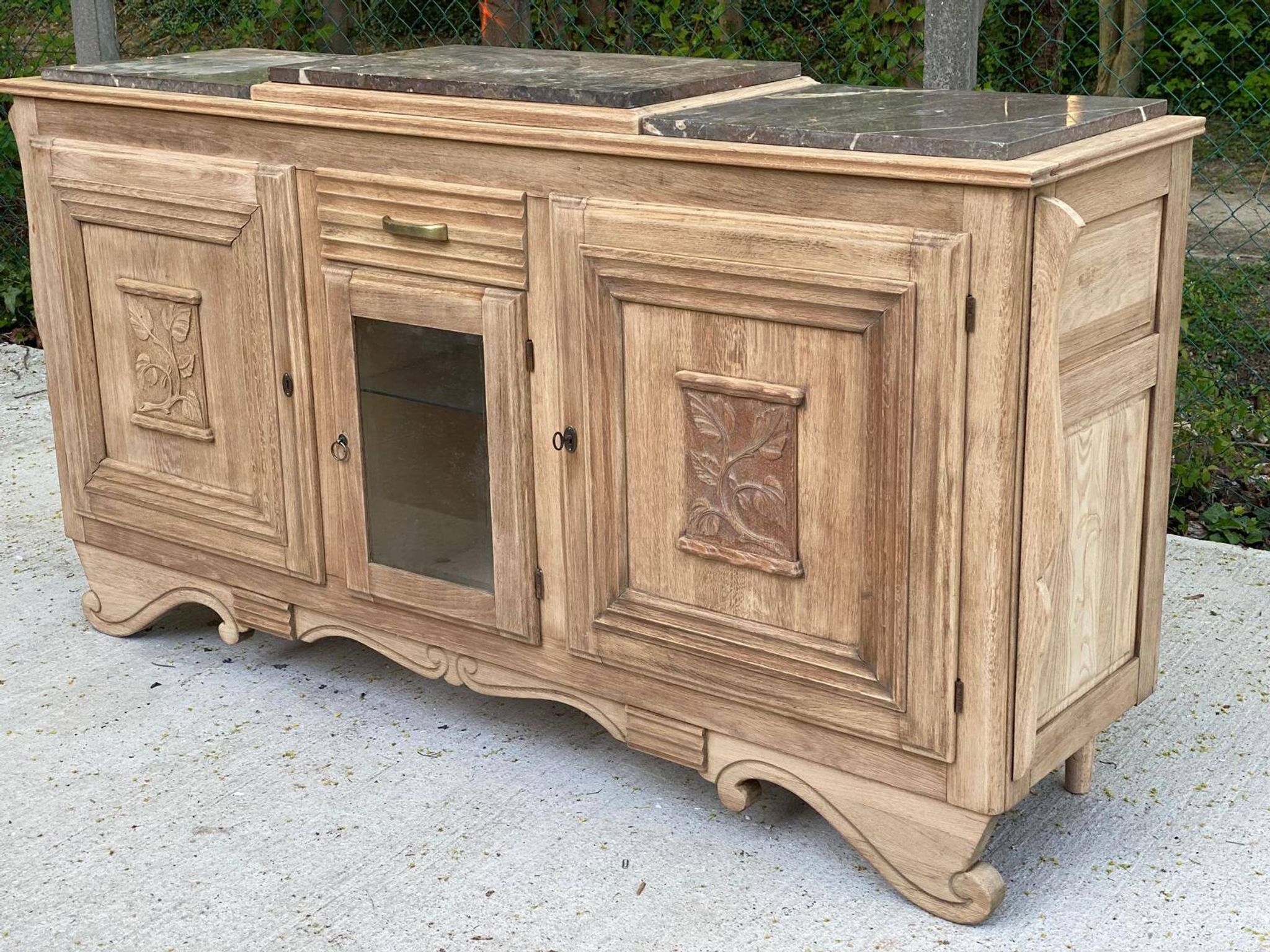Renovated art deco sideboard in solid raw oak and gray marble 190cm