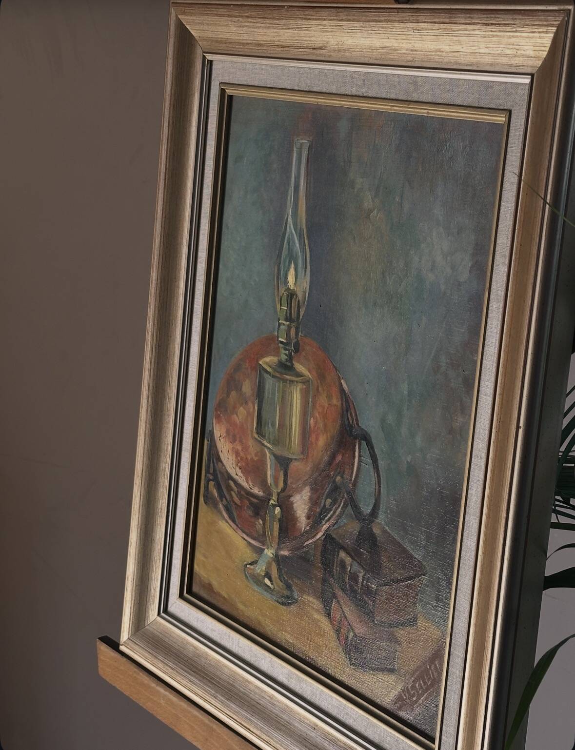 Framed oil on canvas – Still life with lamp, Yvonne Sellier