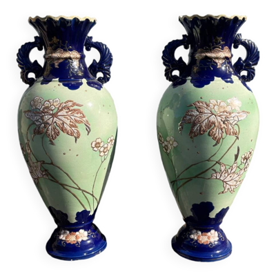Paire de vases Satsuma japonais vintage du 20ème siècle en céramique décorée