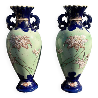 Pair of vintage 20th century Japanese Satsuma vases in decorated ceramic