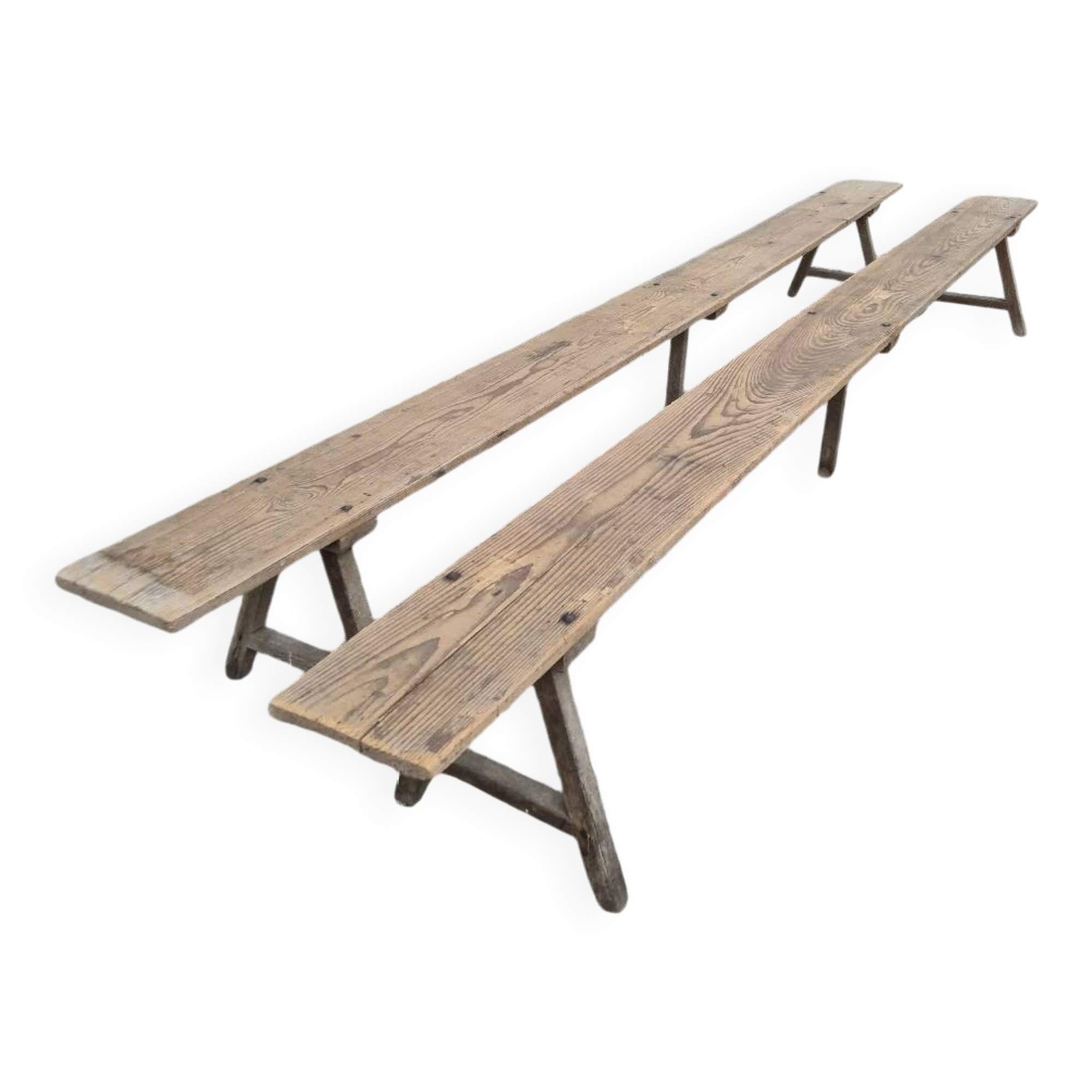 Pair of rustic oak and fir farmhouse benches 1900s - 3m85