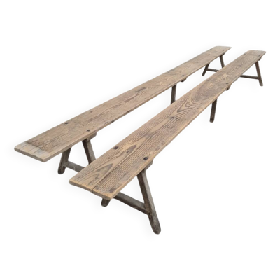 Paire de bancs de ferme en chêne et sapin 1900