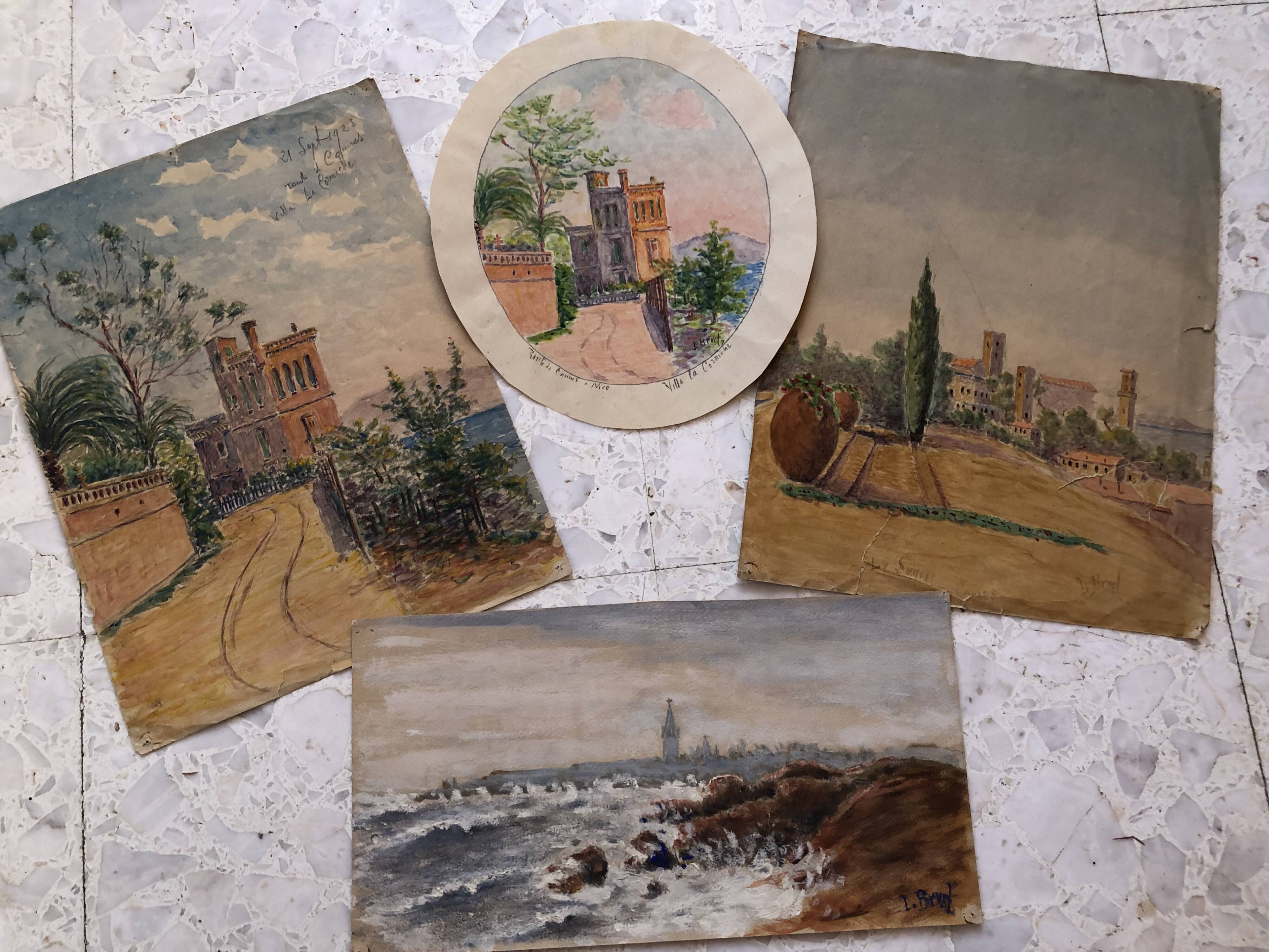 Set of 4 watercolors 1920 cannes, l. bruel, le suquet la corniche island st honorat bay alpes maritimes 06