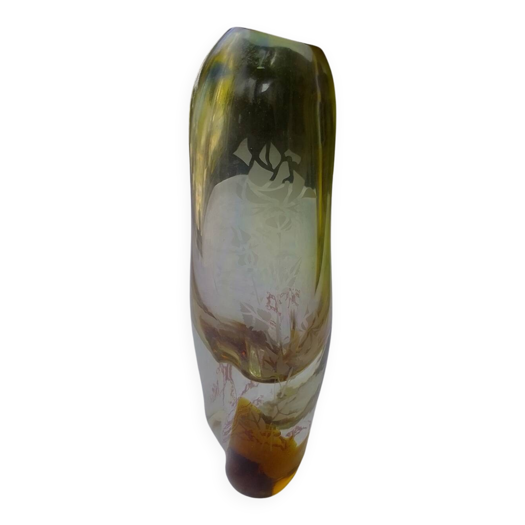 Amber-colored engraved crystal vase