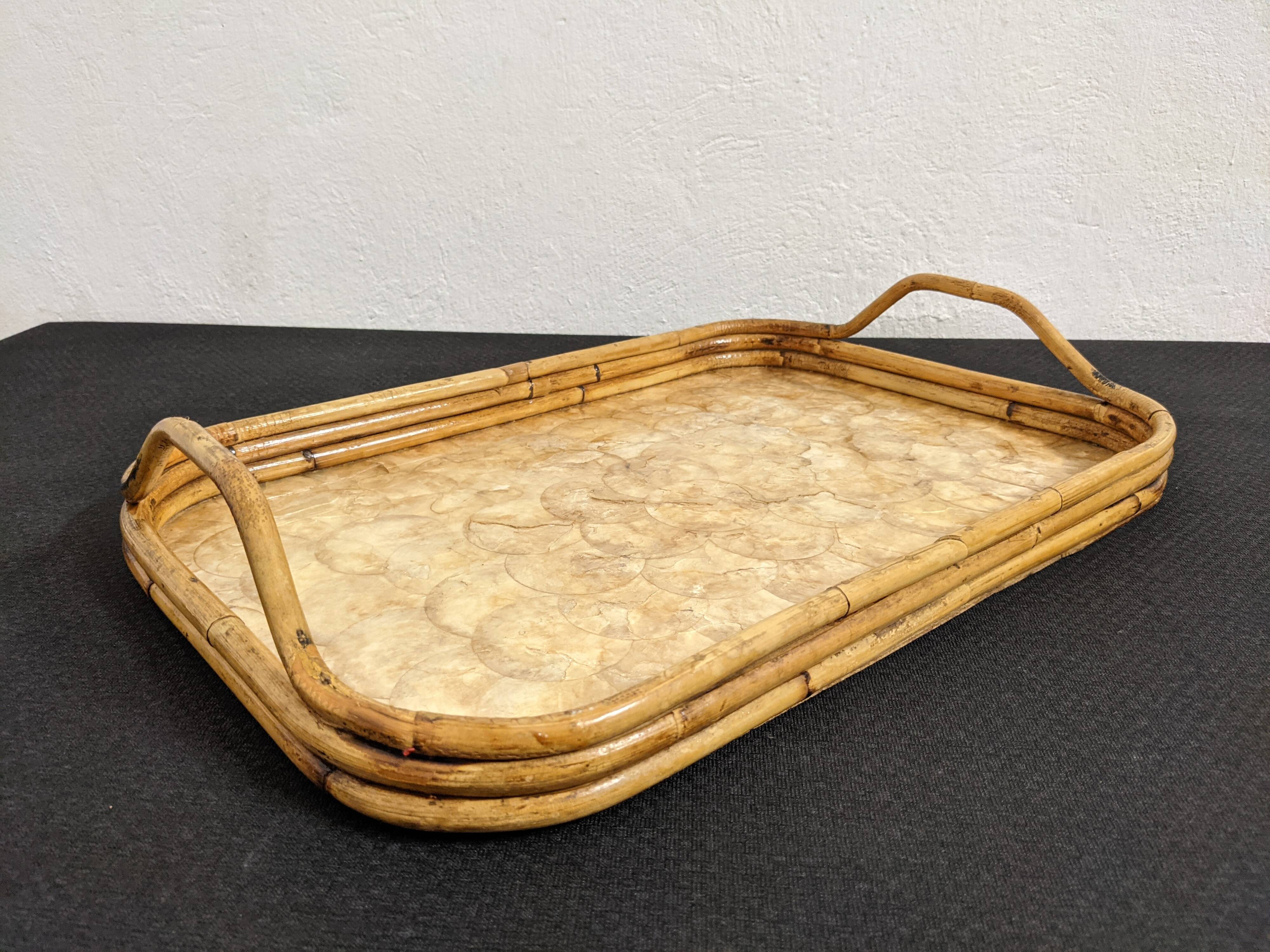 Mother-of-pearl and bamboo tray from the 70s