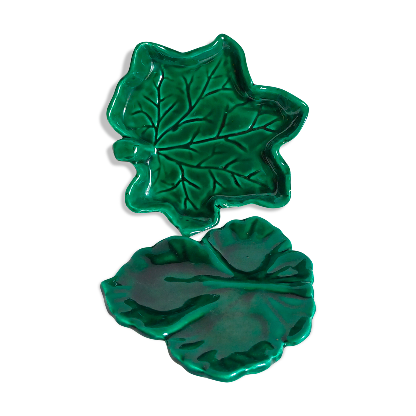 Duo of leaf cups in green slurry from Vintage Vallauris