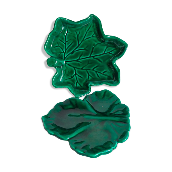 Duo de coupelles feuilles en barbotine verte de Vallauris vintages