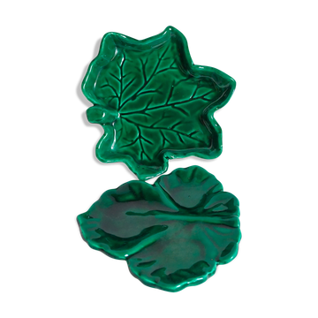 Duo de coupelles feuilles en barbotine verte de Vallauris vintages