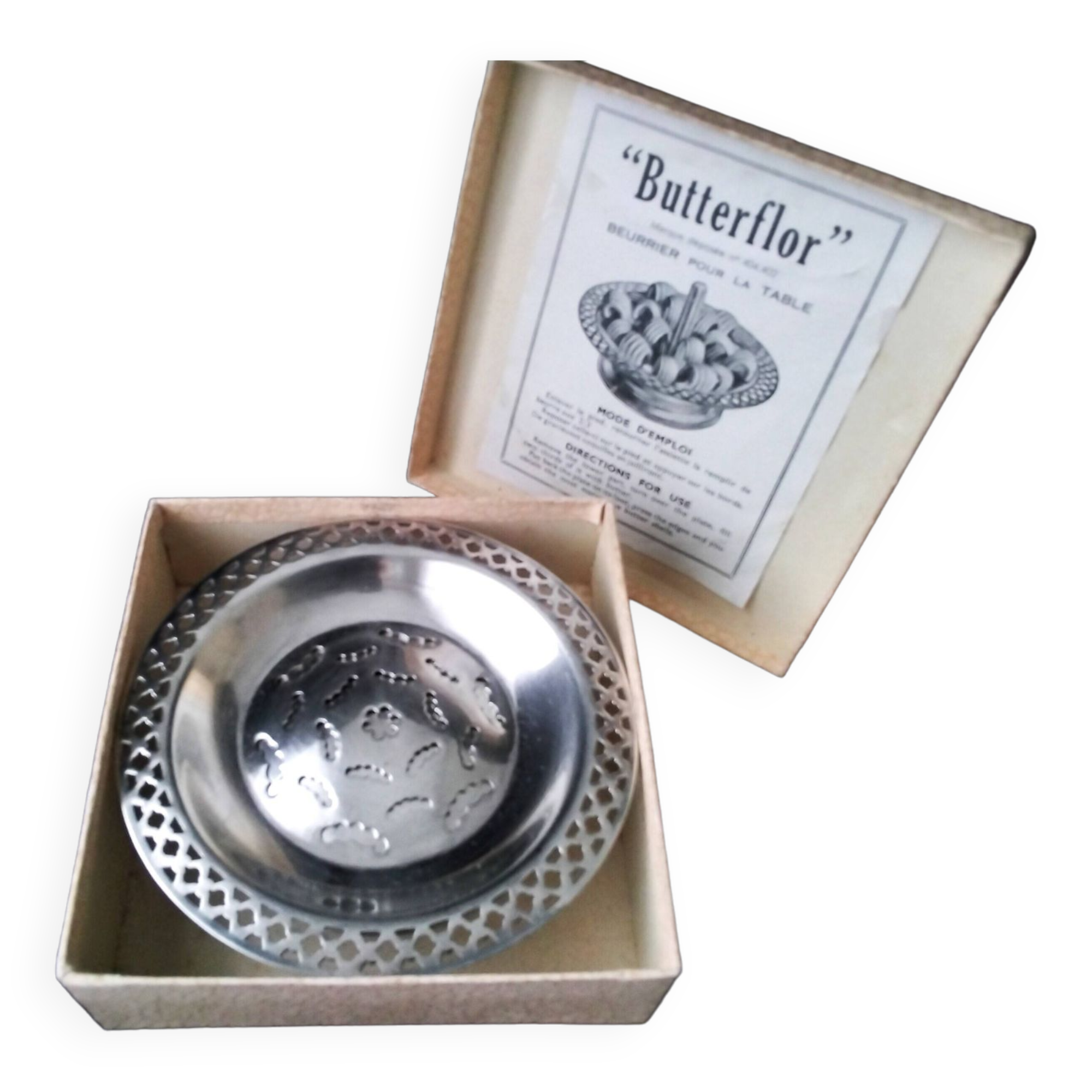 Butter dish, Butterflor butter mold in silver metal