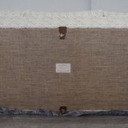 Howard & Sons canapé with feather cushions and ticking fabric, Victorian style.