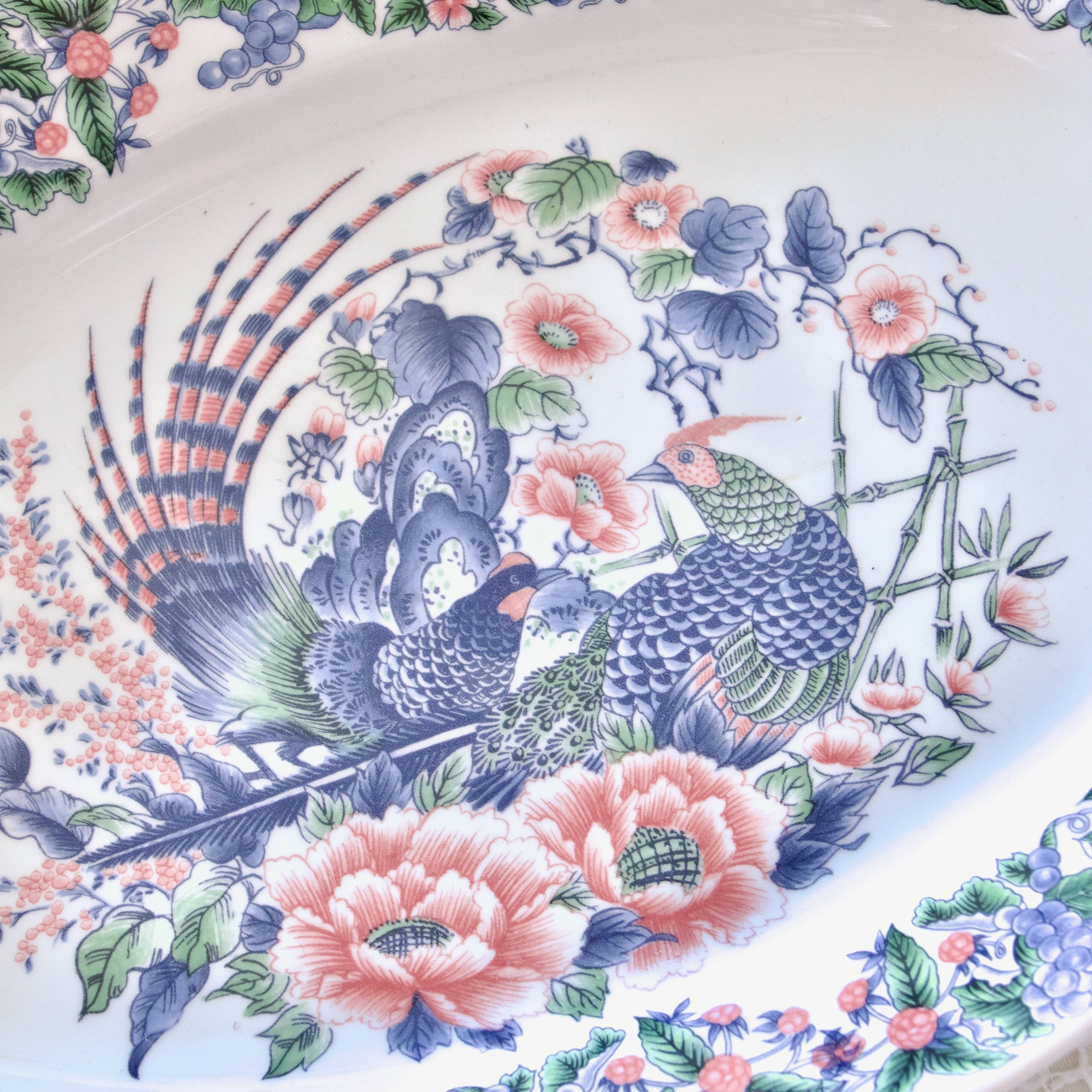 Large vintage Italian oval dish decorated with birds, flowers and fruits