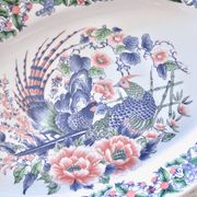 Large vintage Italian oval dish decorated with birds, flowers and fruits