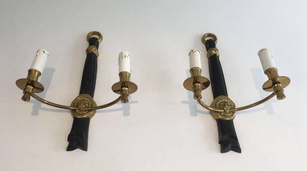 Pair of Black Lacquered Bronze Wall Lights with Lion Head Decorations