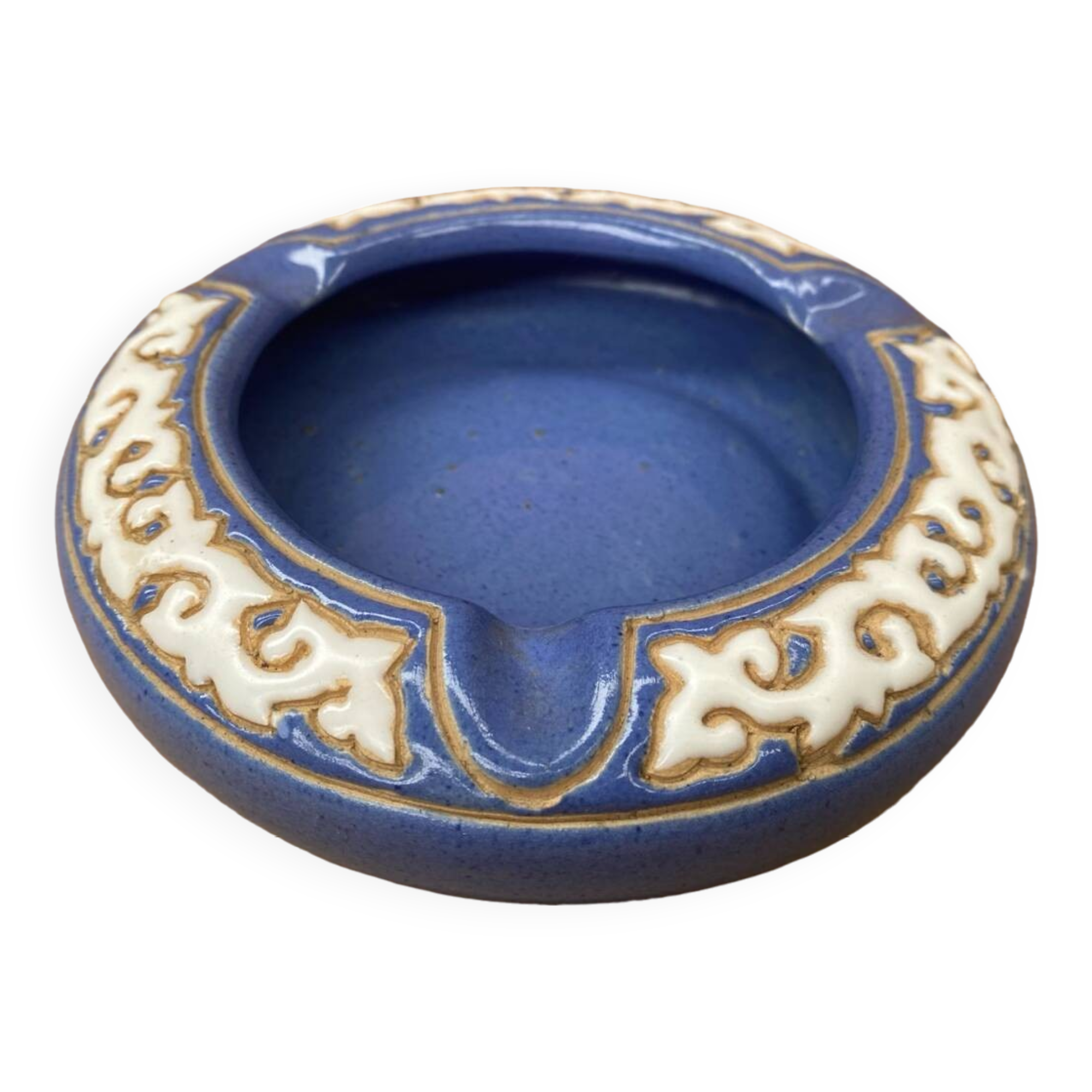 Antique Blue Glazed Ceramic Ashtray White Relief Decor Vintage