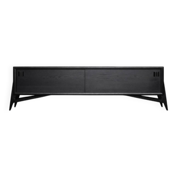 Vintage Mid-Century Scandinavian Modern Dark Oak Sideboard & Wooden Handles