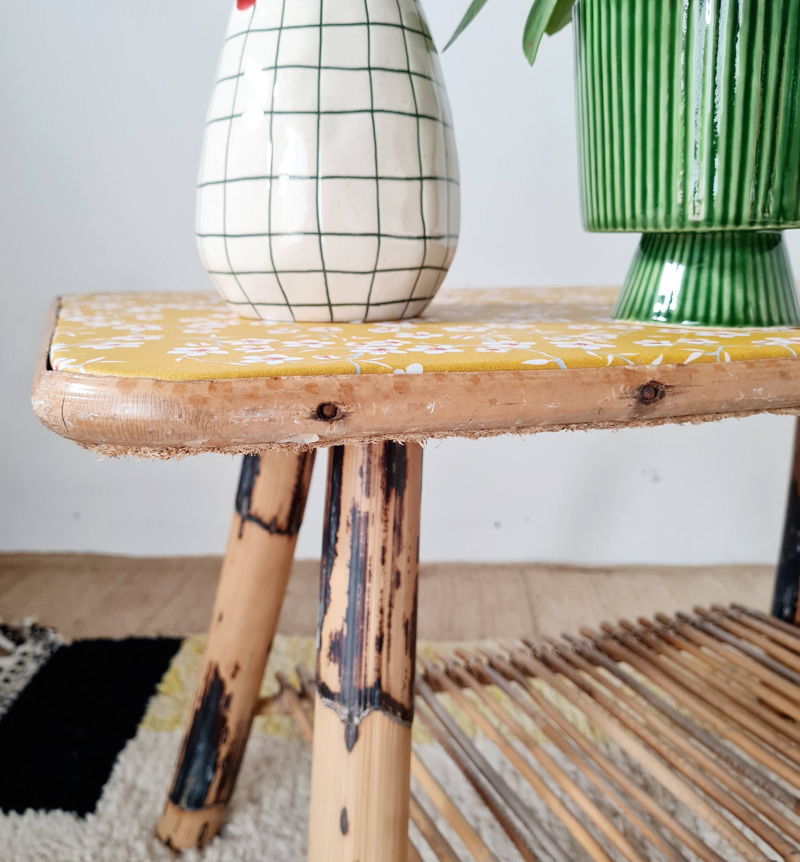 Antique rattan coffee table - yellow floral top