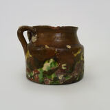 Glazed terracotta pottery with 2 handles brown yellow green. italian pottery. year 50