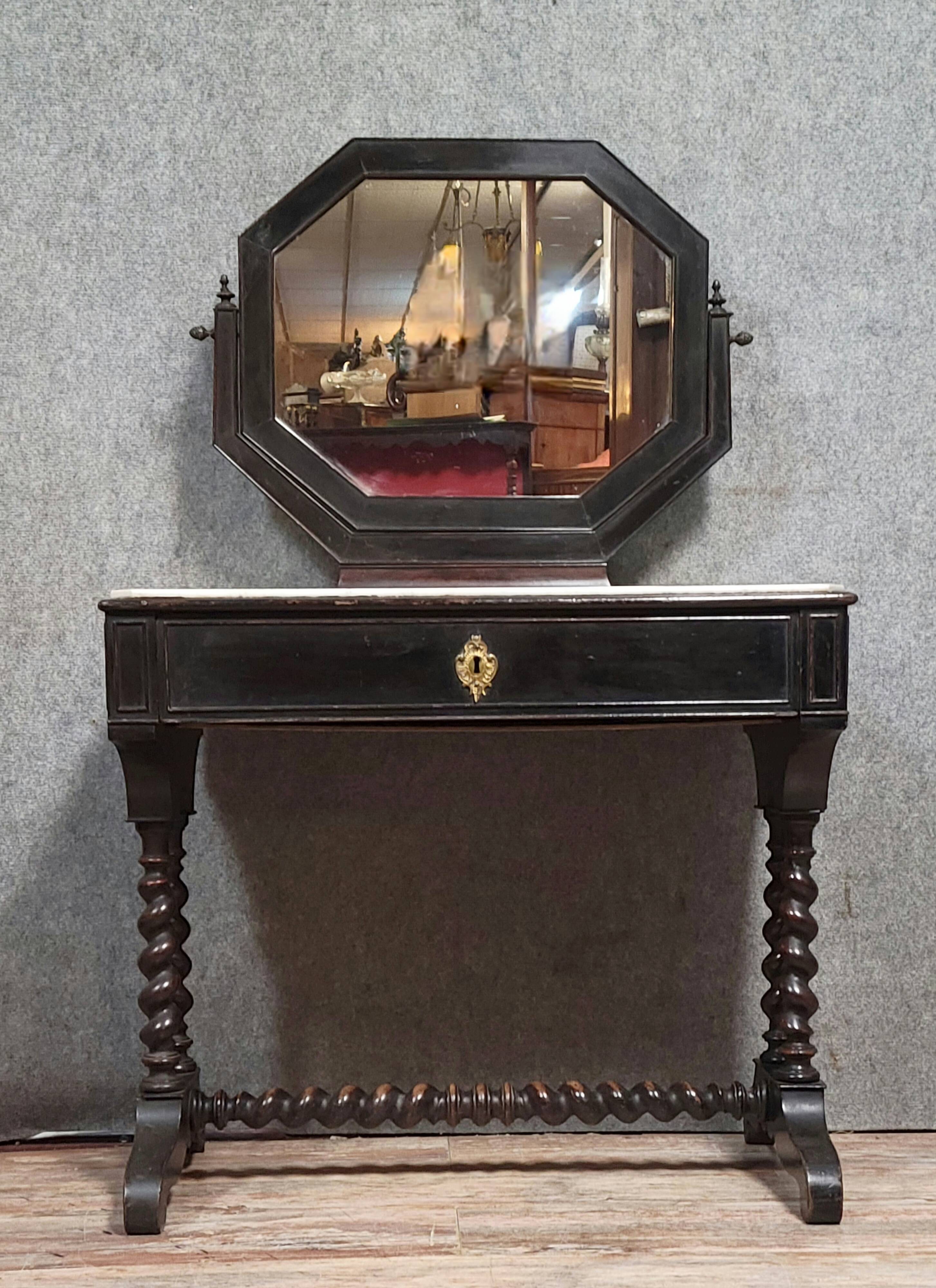 Napoleon III style dressing table in blackened wood, featuring an elegant octagonal mirror
