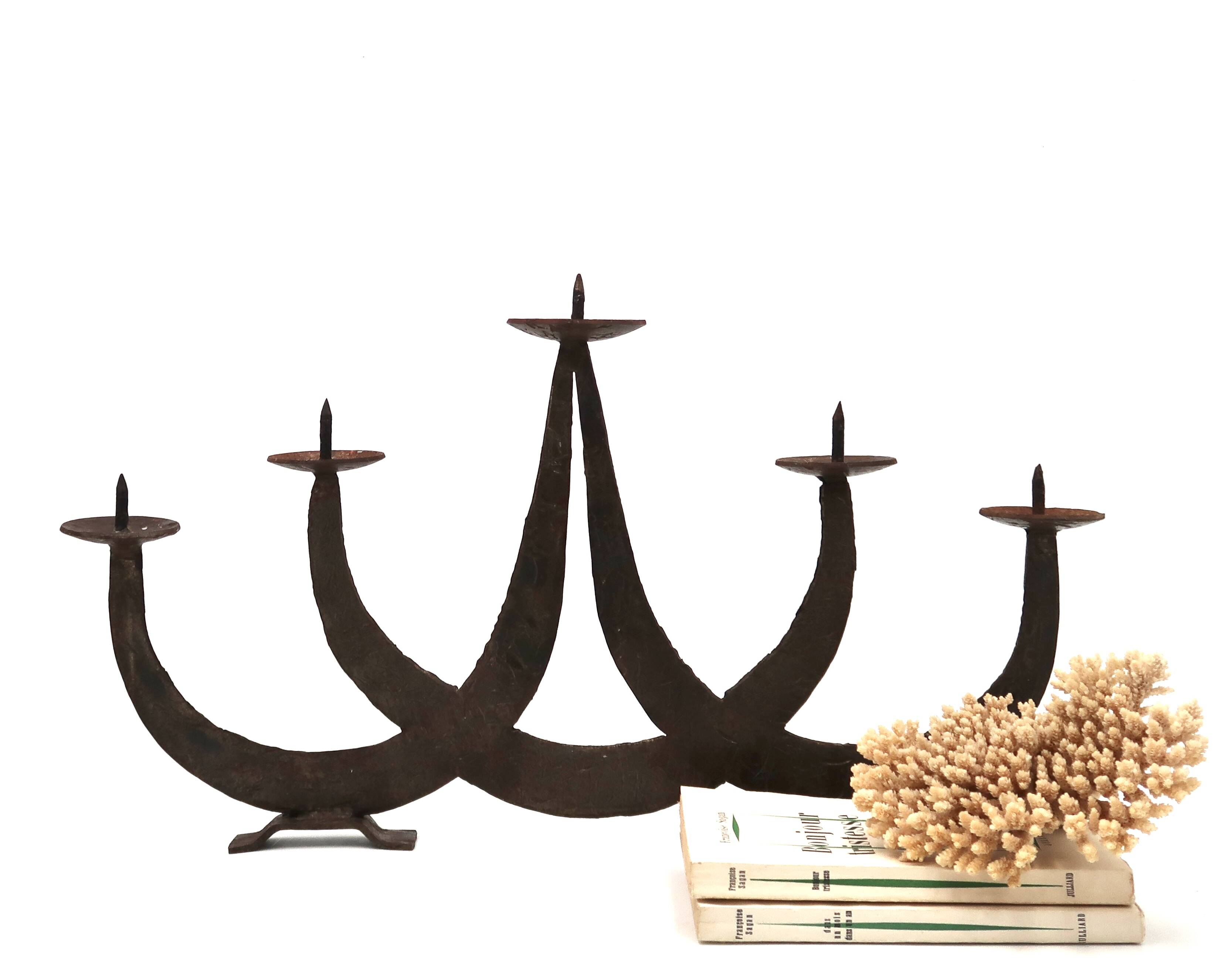 Large brutalist wrought iron candle holder, 1950s