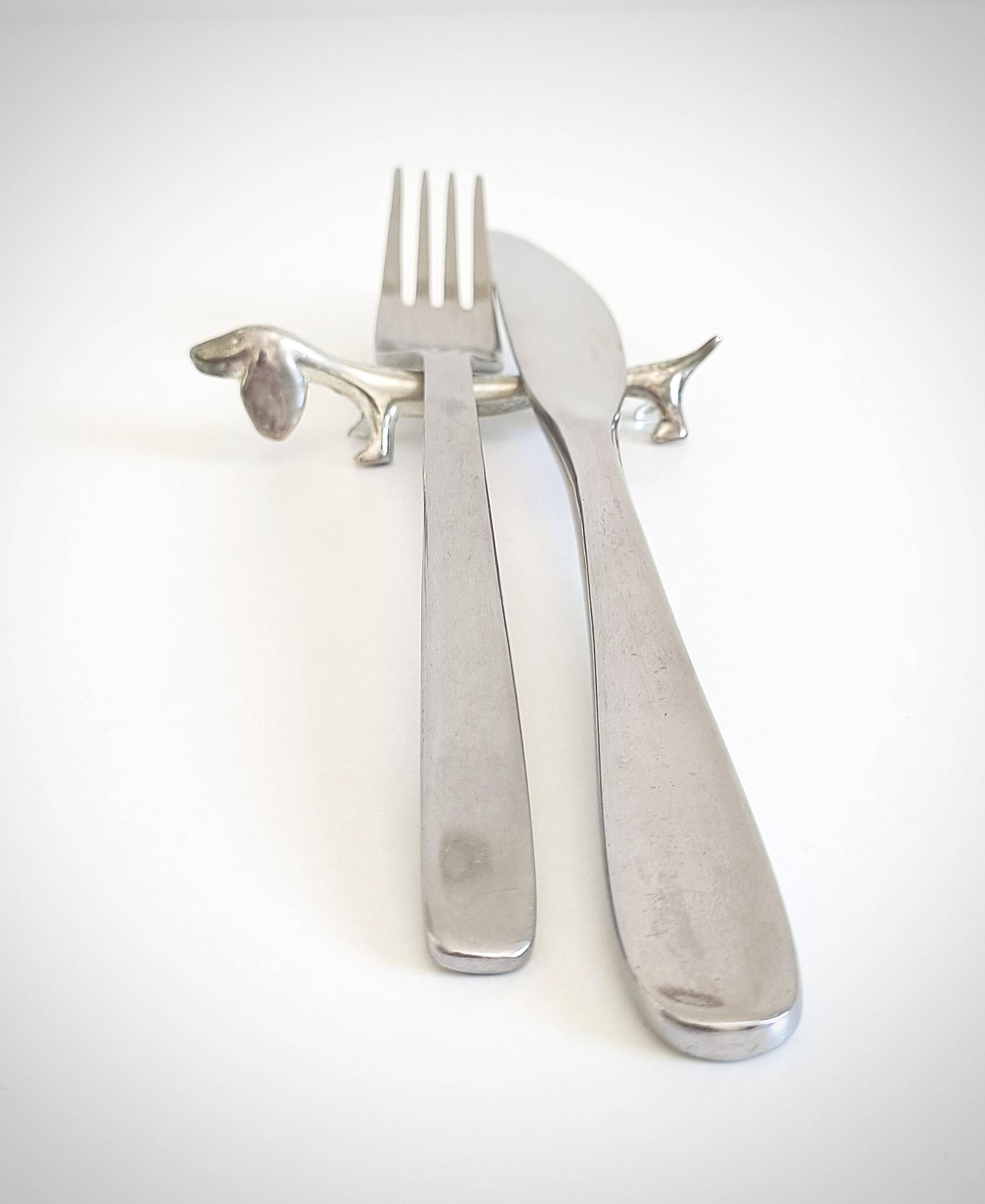 Vintage Knife Rests, Set of Six Silver Plated Dachshund Dogs, Italy, 20th-C