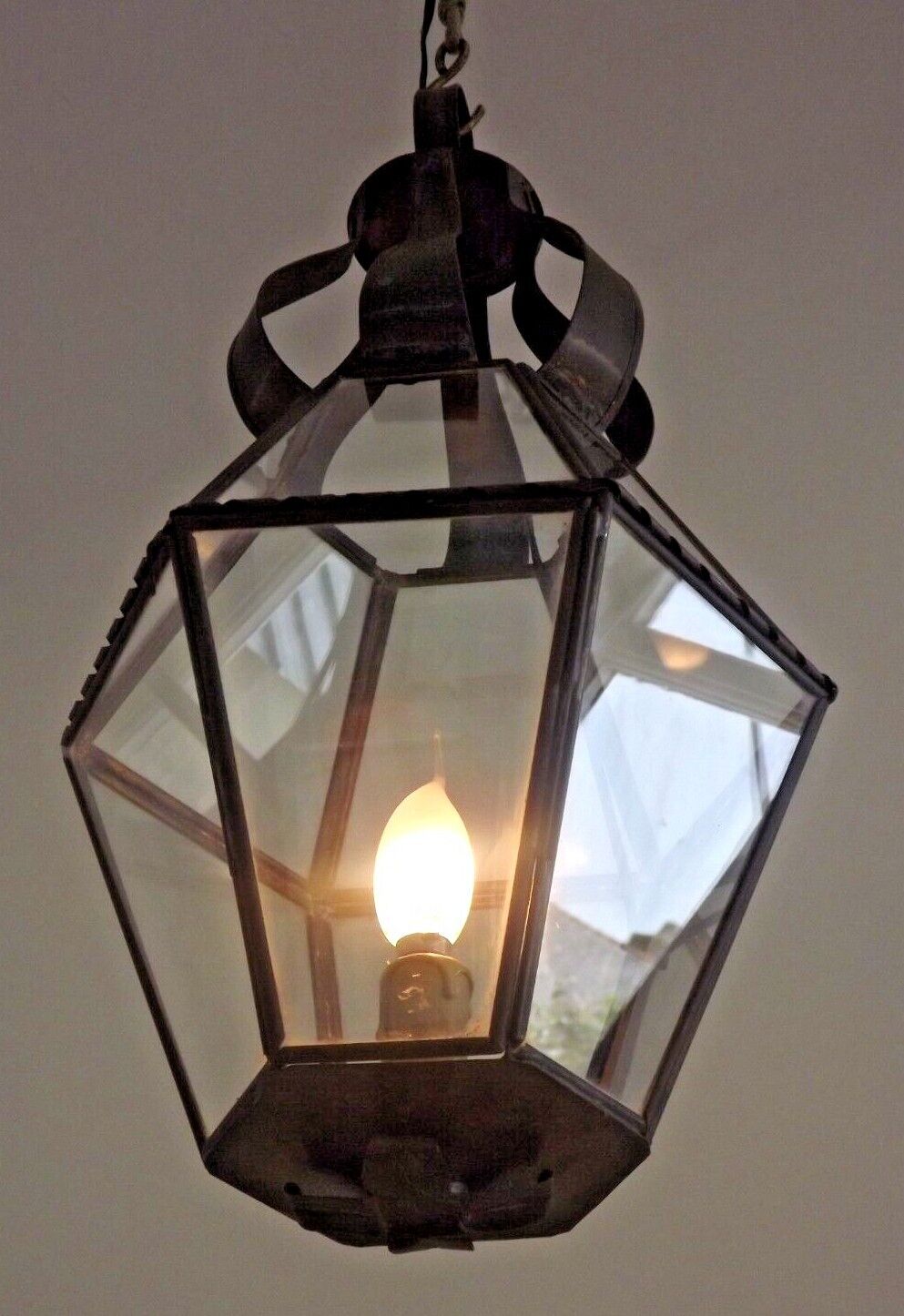 Hexagonal shaped copper and glass hanging lantern
