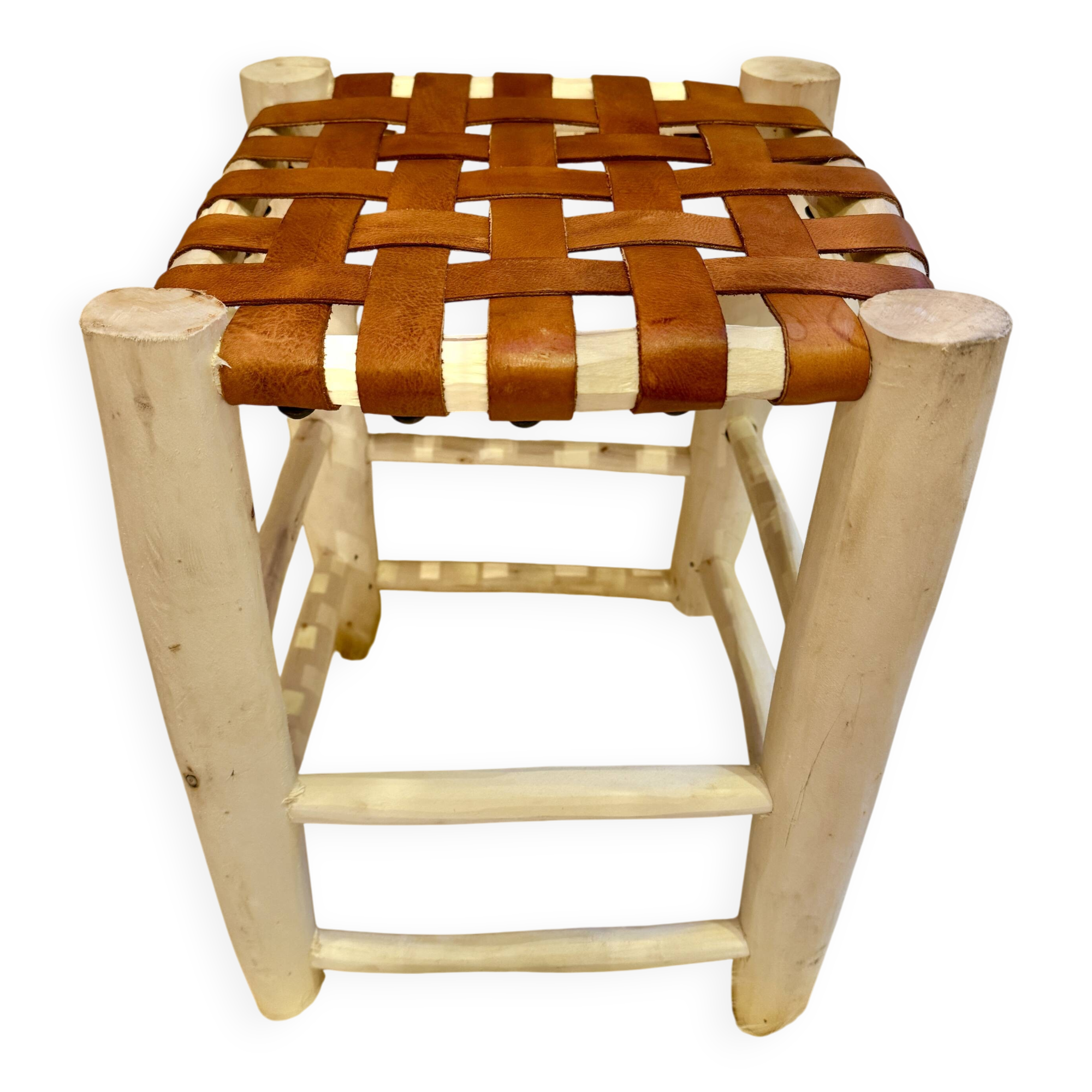 Moroccan stool woven wood leather
