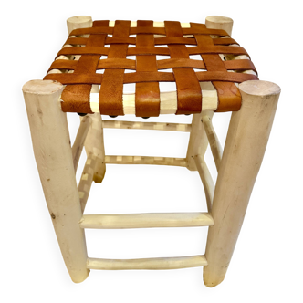 Moroccan stool woven wood leather