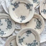 7 assiettes à dessert en terre de fer "Marguerite" faïencerie Nouvelle Givors