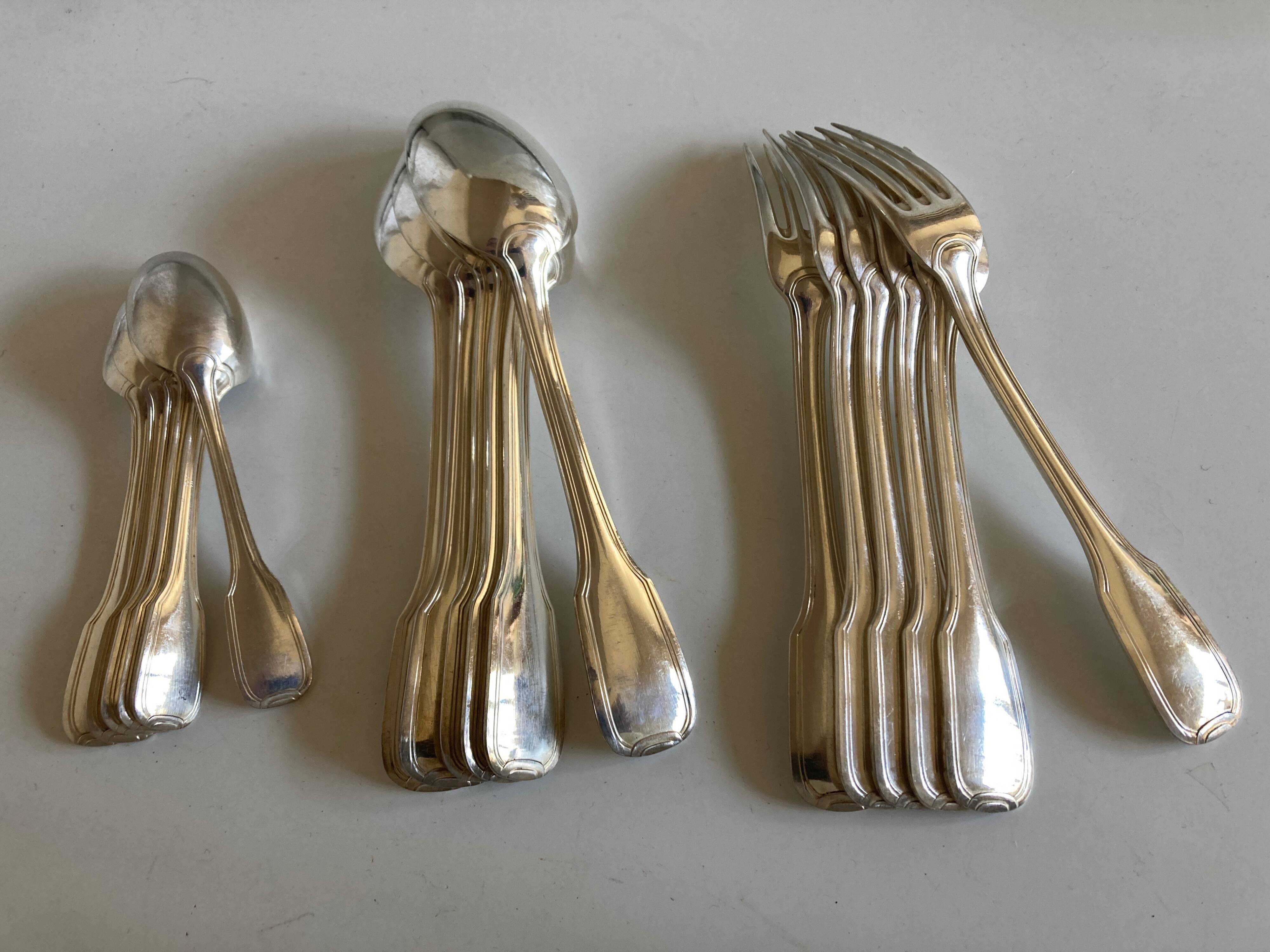 Set of 6 forks, 6 spoons, 6 small modernist spoons in silver metal