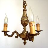 French vintage mid century cast bronze 3 light chandelier wooden drips 4324