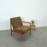 Teak Scandinavische fauteuil met bruin stoffen kussens, stoel 2