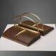 Vintage Gucci bookends in leather and brass, Italy, 1970s.