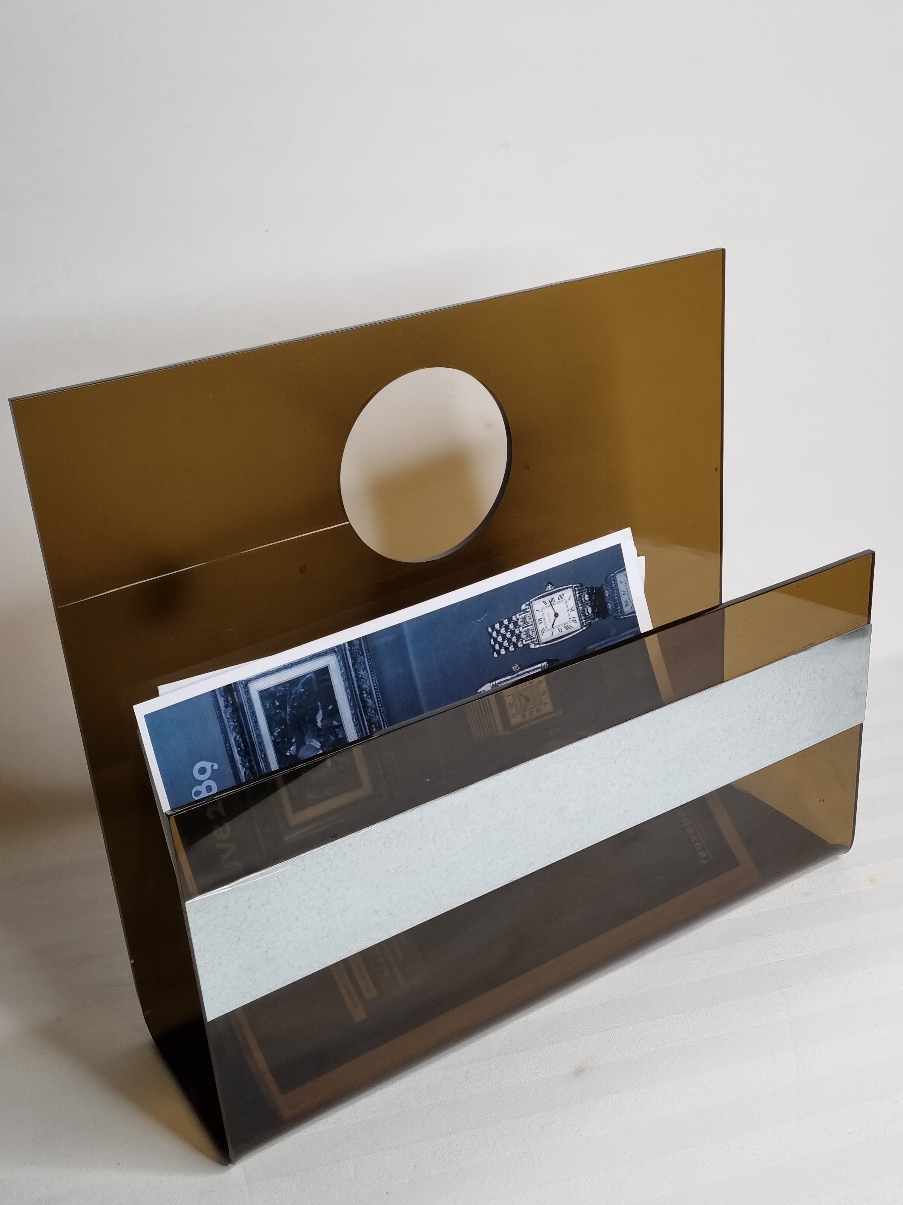 Vintage smoked plexiglass magazine holder 70s