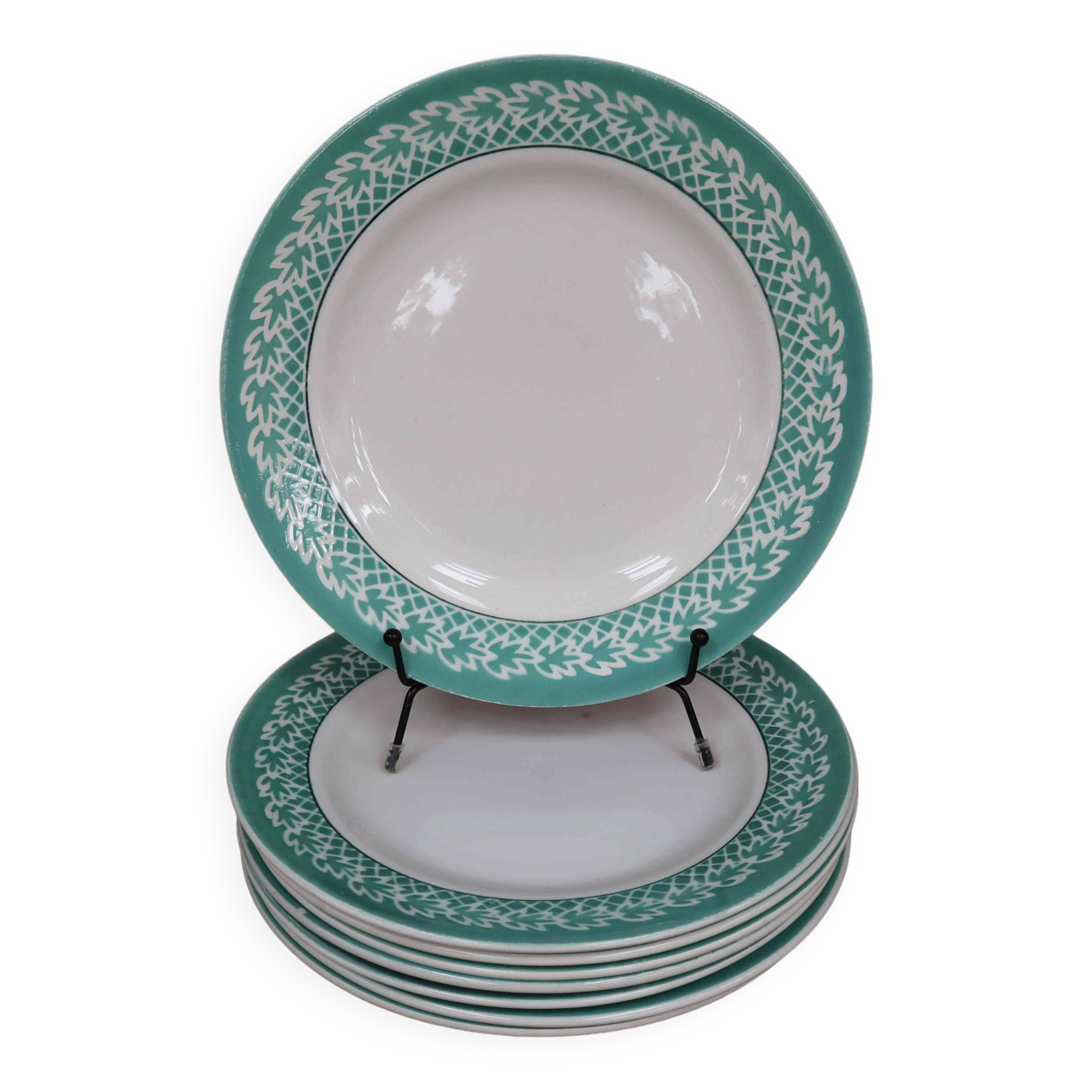Set of 8 KIFO L'Amandinoise flat plates with green leaf decor