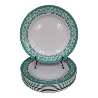 Set of 8 KIFO L'Amandinoise flat plates with green leaf decor