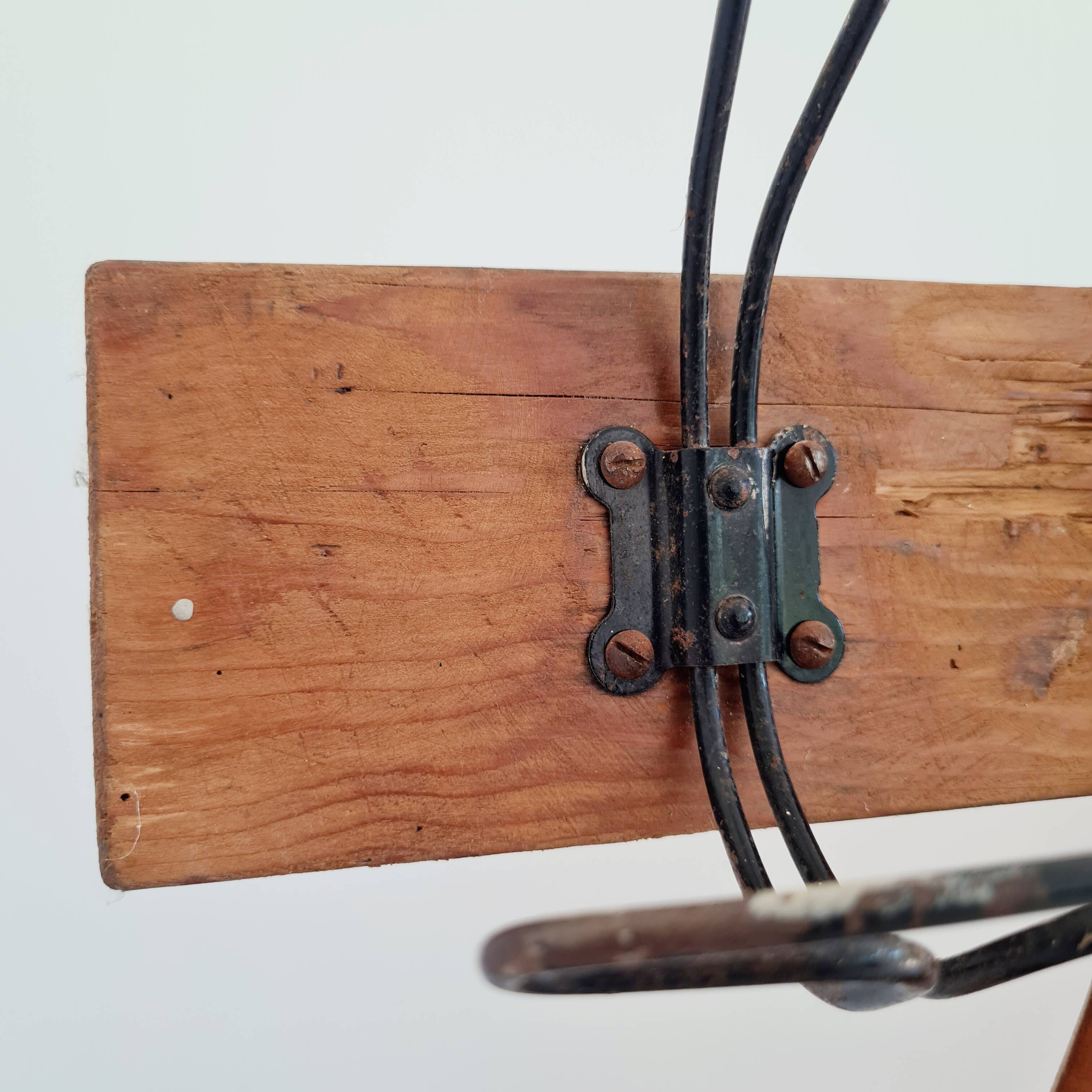 Antique wooden wall coat rack with metal hooks L200