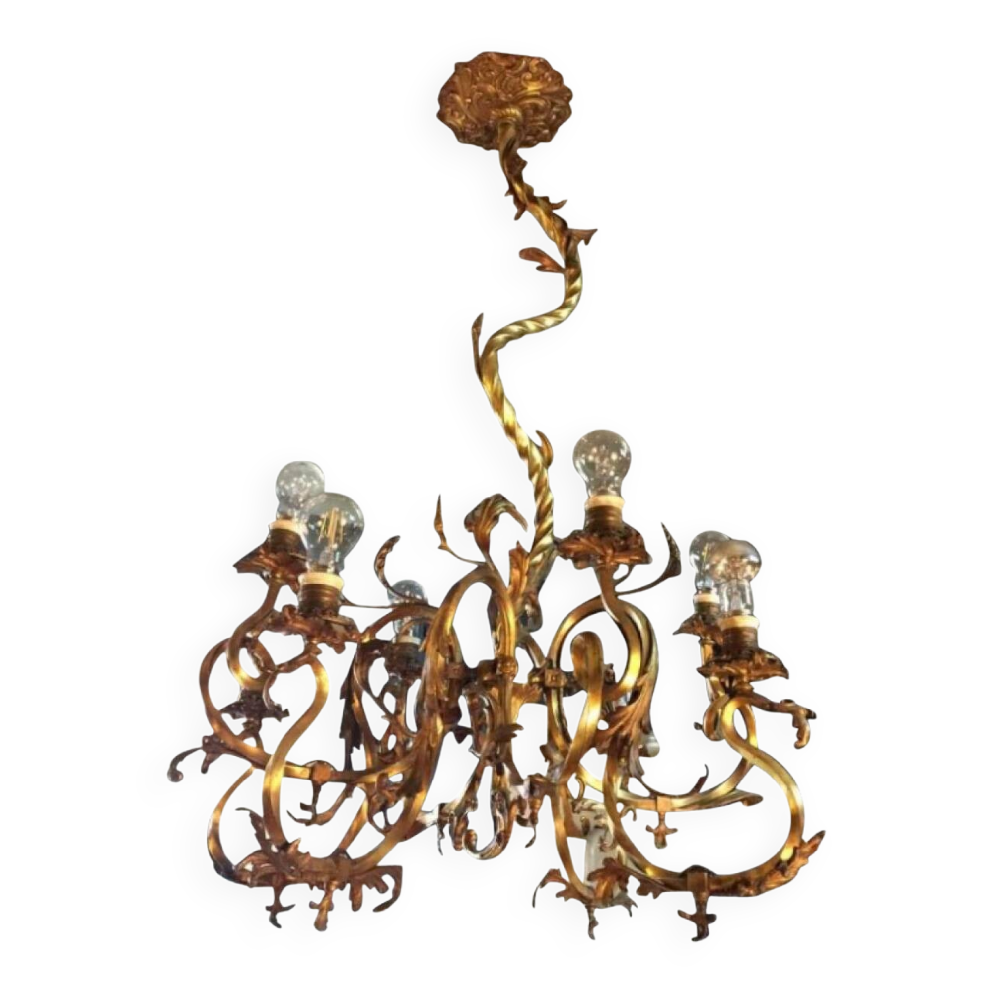 Napoleon III bronze chandelier, Louis XV style, baroque rocaille twist, 189