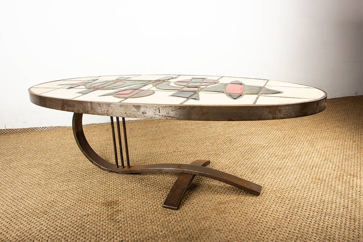 Table basse Française, Acier Chromé et Céramique par Barrois Vallauris 1960