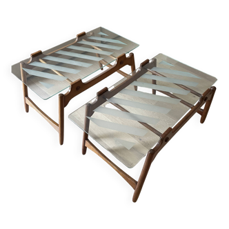 Set of two Italian wooden tables with glass top