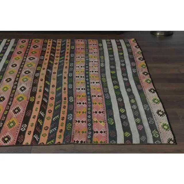 Striped Kilim Turkish Vintage Handmade Pink Orange Wool Area Rug 177x268