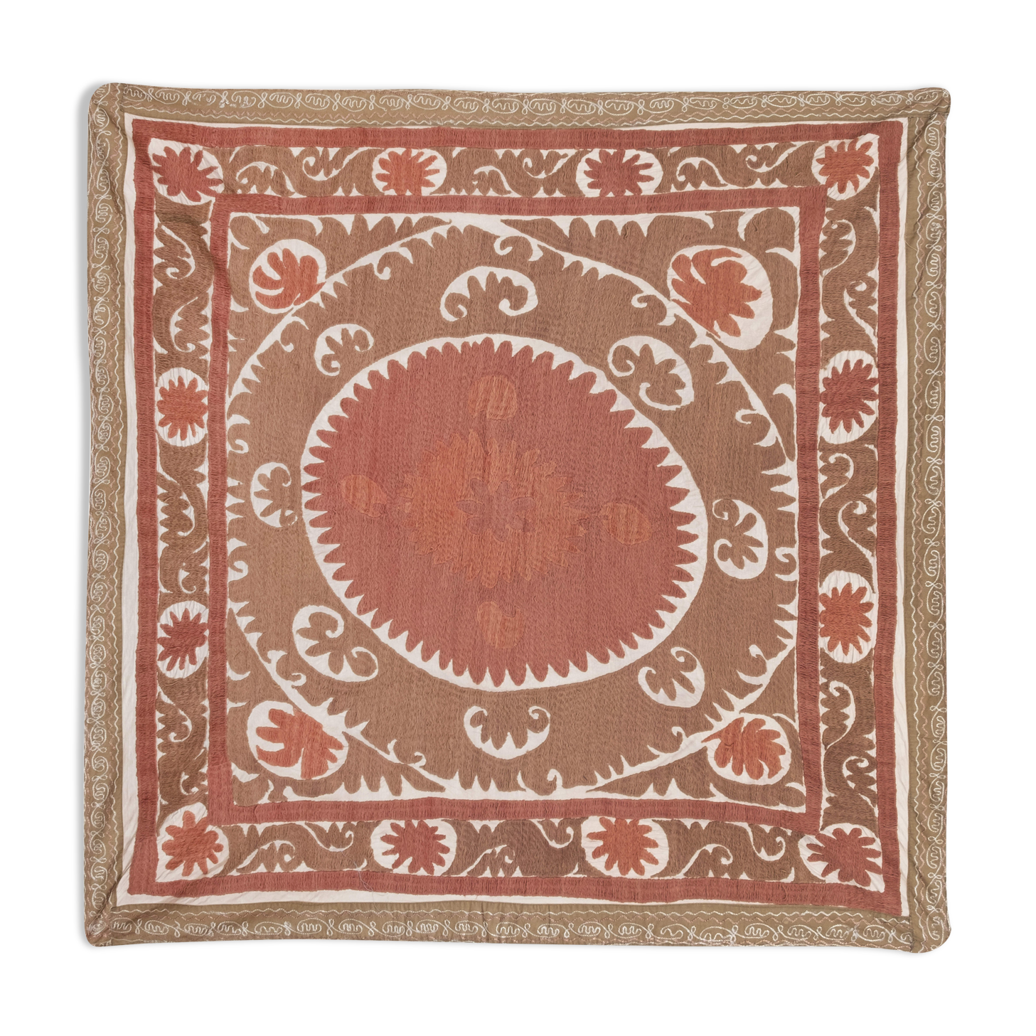 Suzani Bedspread - Neutral Red Colorful Uzbek Table Cloth - Tribal Embroidery Wall Decor