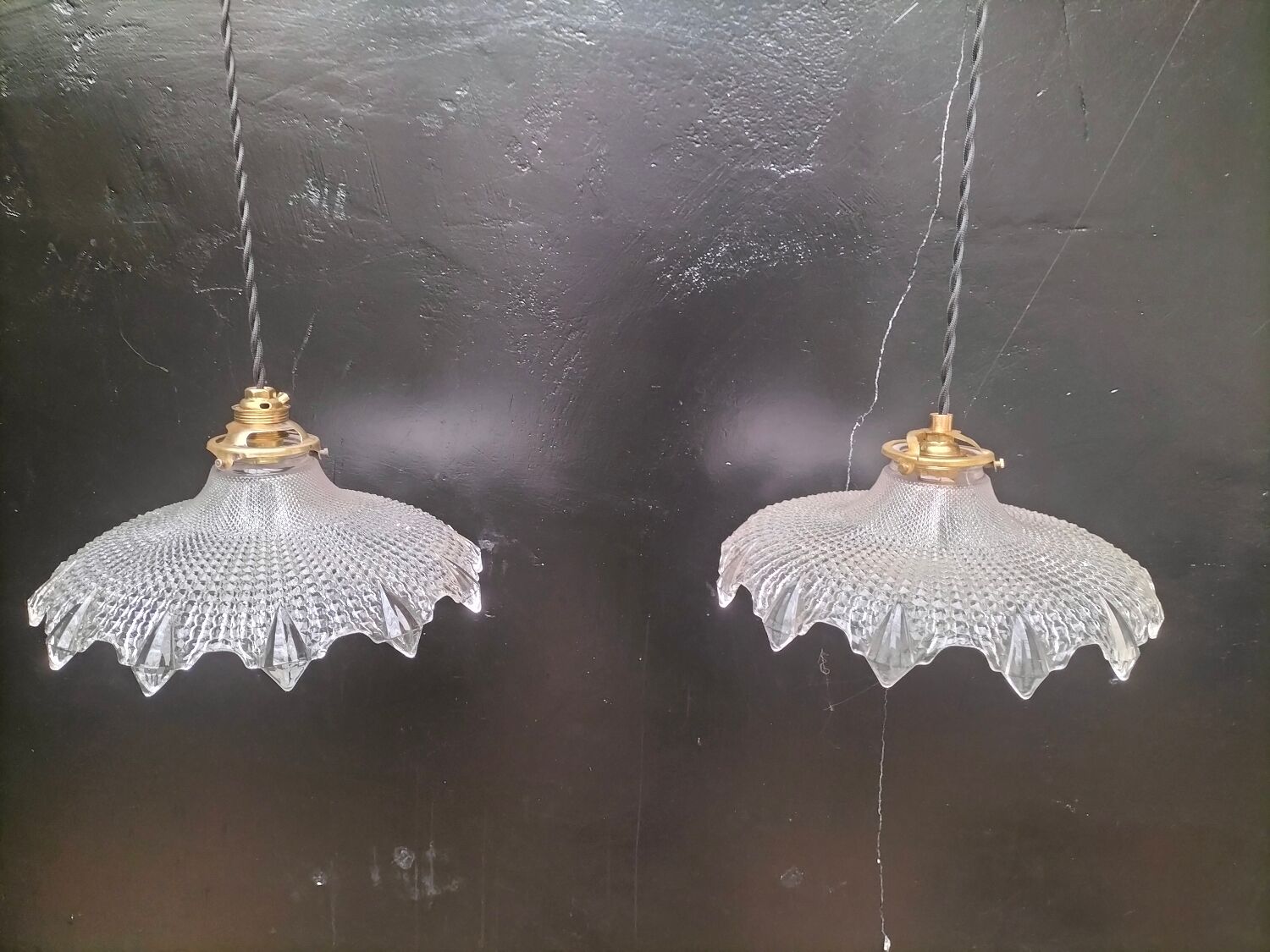 Paire suspensions en verre holophane