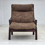 1970s, Scandinavian lounge chair, nubuck leather, canvas, beech wood.