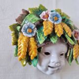 Vintage Italian ceramic wall mask, handmade, decorated with floral details