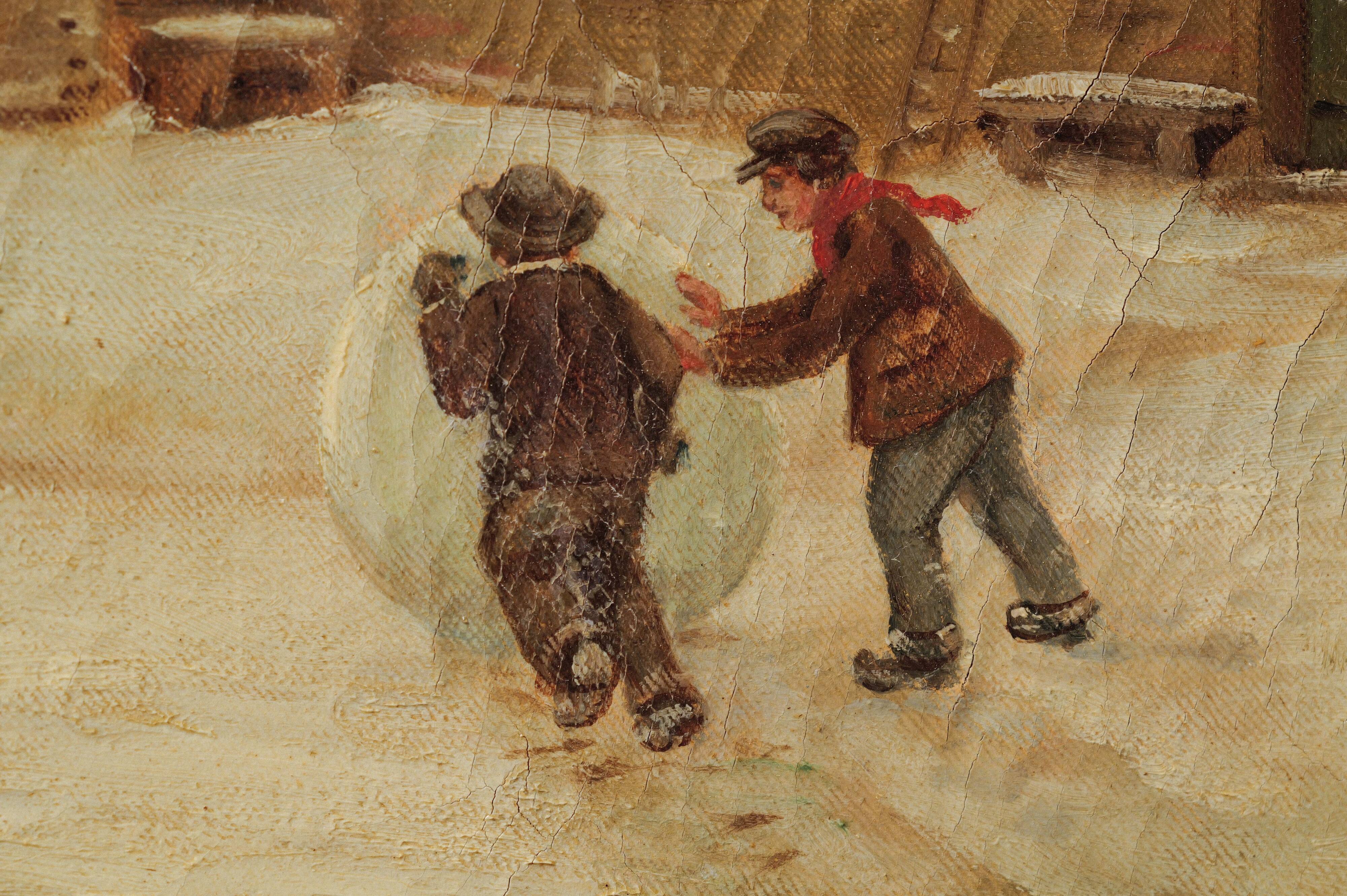 Children playing in the snow, oil on canvas, signed, circa 1900